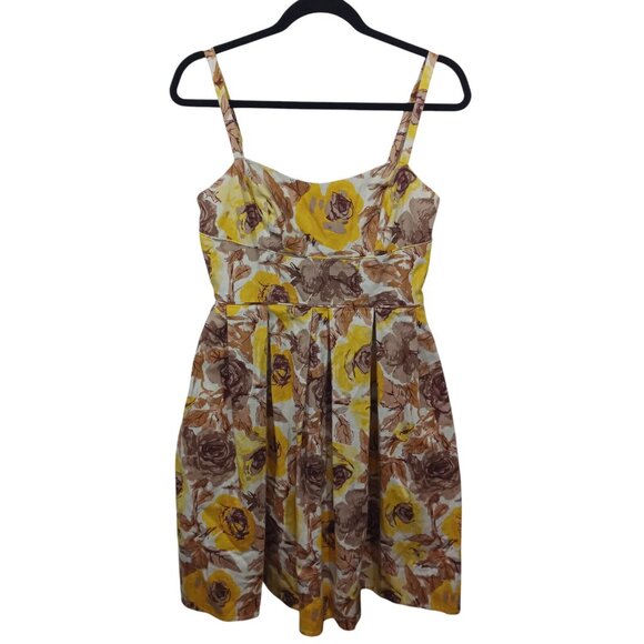 Maggy London Womens Sundress Size 8 100% Cotton Yellow Brown Floral Pleated - Picture 1 of 6